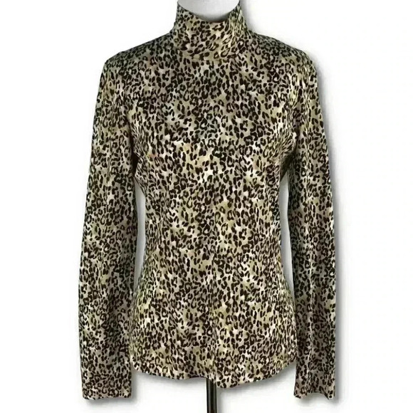 St. John top size S brown tan cheetah print long sleeve mock turtleneck stretch - Picture 1 of 11